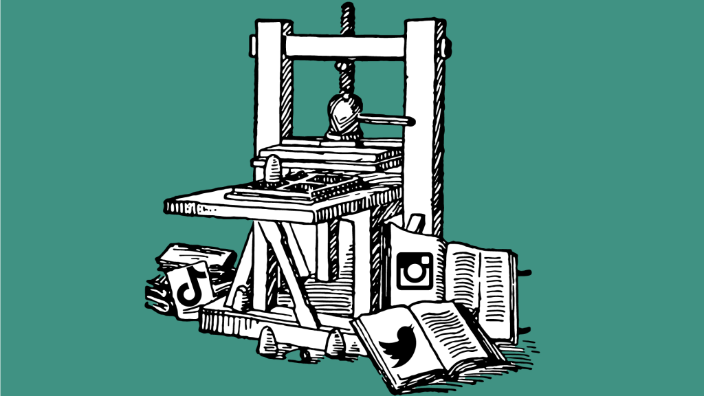 Drawing of printing press with books around it that have social media icons on them.