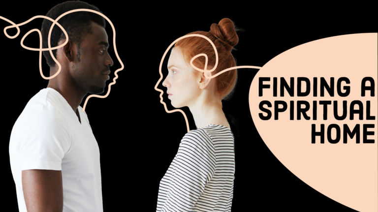 Two twentysomethings looking at each other, one Black man, one white woman. Words: Finding a spiritual home.