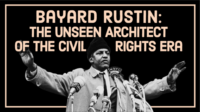 Image of Bayard Rustin holding his hands up and the name of the episode