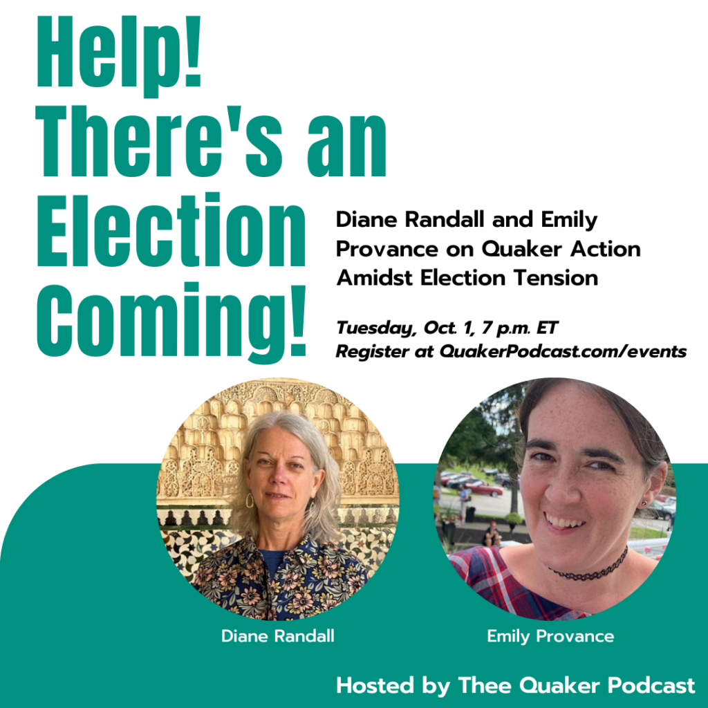 Event poster: Help! There's An Election Coming! with date and time for event and headshots of Diane Randall and Emily Provance