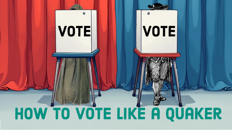 Two Quaker figures stand behind voting booths with a red and blue curtain behind them.